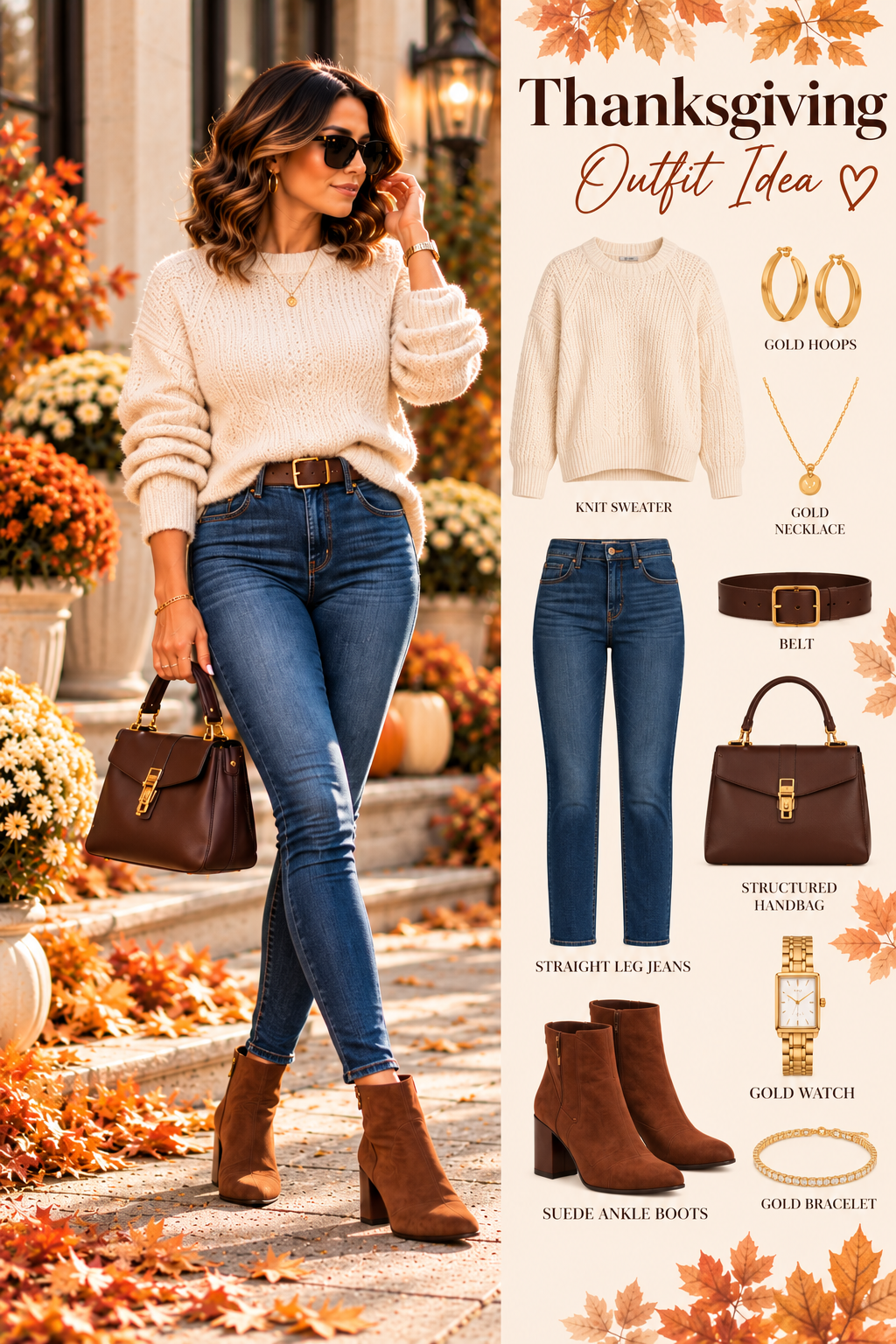 Thanksgiving outfit style board: Kendra in a cream knit sweater, belted skinny blue jeans, suede ankle boots and a brown structured handbag