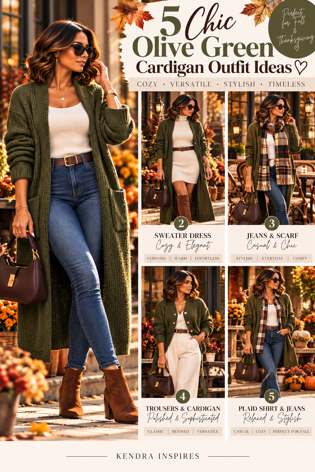 Olive green cardigan outfit board with a cream top, blue jeans and brown suede boots
