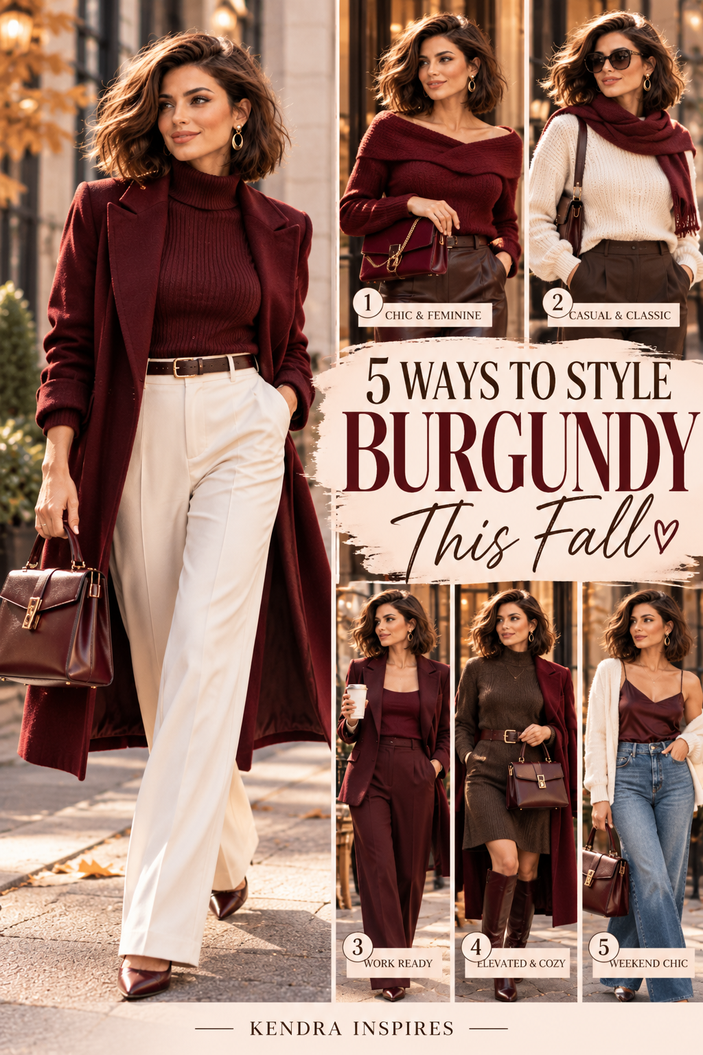 5 Ways to Style Burgundy This Fall Pin featuring chic and feminine, casual and classic, work-ready, elevated and cozy, and weekend-chic outfits