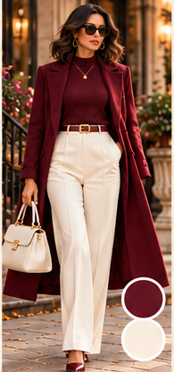 Kendra in a long burgundy coat and burgundy knit with ivory wide-leg trousers and a white handbag