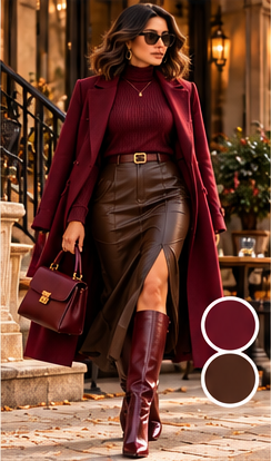 Kendra in a burgundy coat and knit with a chocolate leather midi skirt and burgundy knee-high boots