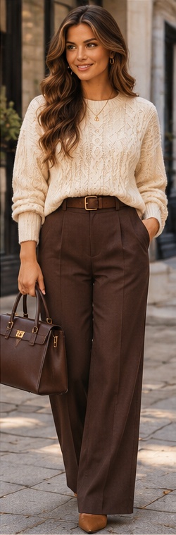 Kendra in a cream sweater with brown pleated dress pants and heels