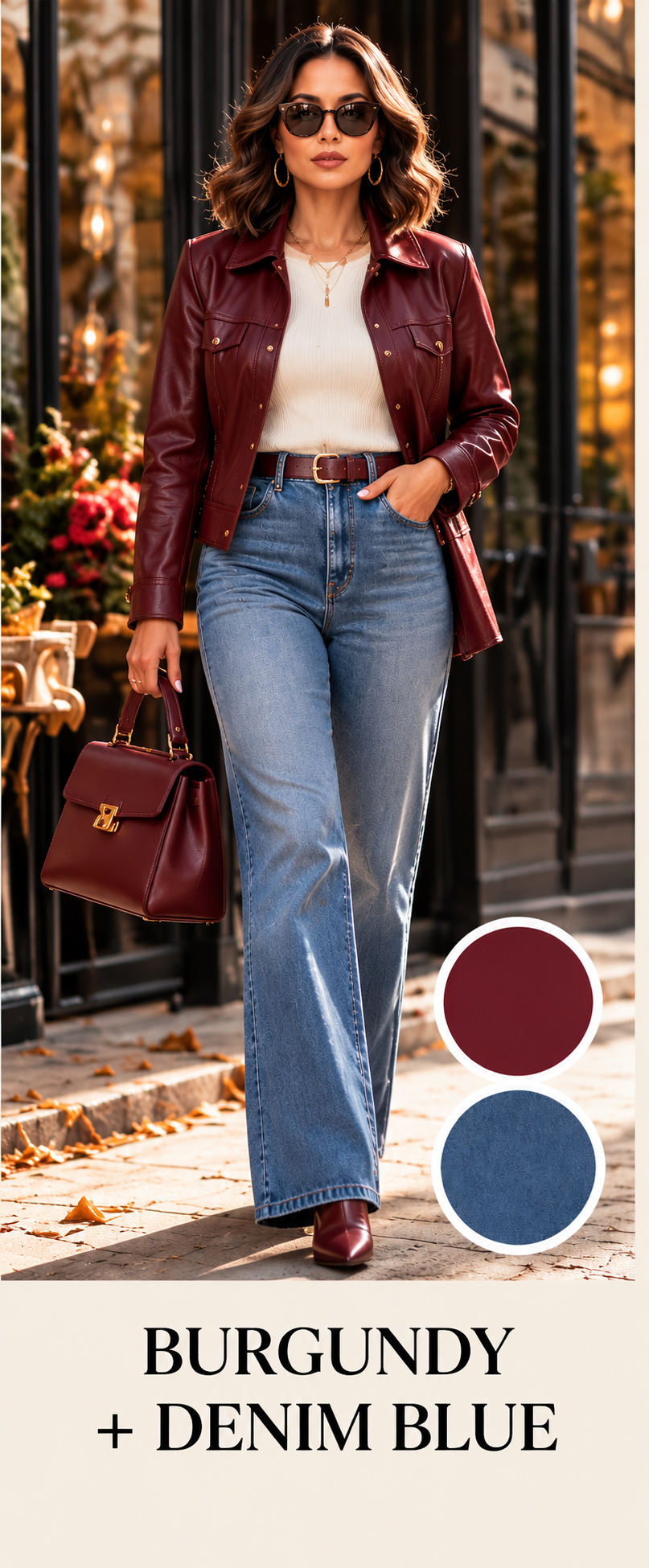 Kendra in a burgundy leather jacket over a cream knit top with blue wide-leg jeans, burgundy boots and a burgundy handbag