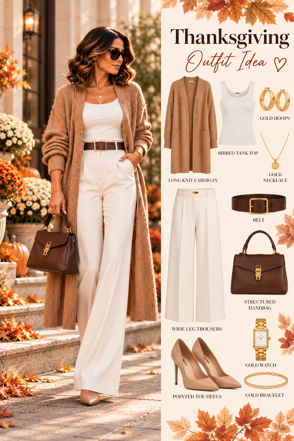 Thanksgiving style board with a long knit cardigan, ribbed top, wide-leg trousers, handbag and gold accessories