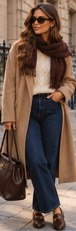 Kendra in a cream sweater layered under a long caramel coat with loafers