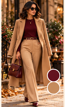 Kendra in a camel coat over a burgundy knit with camel wide-leg trousers and a burgundy handbag
