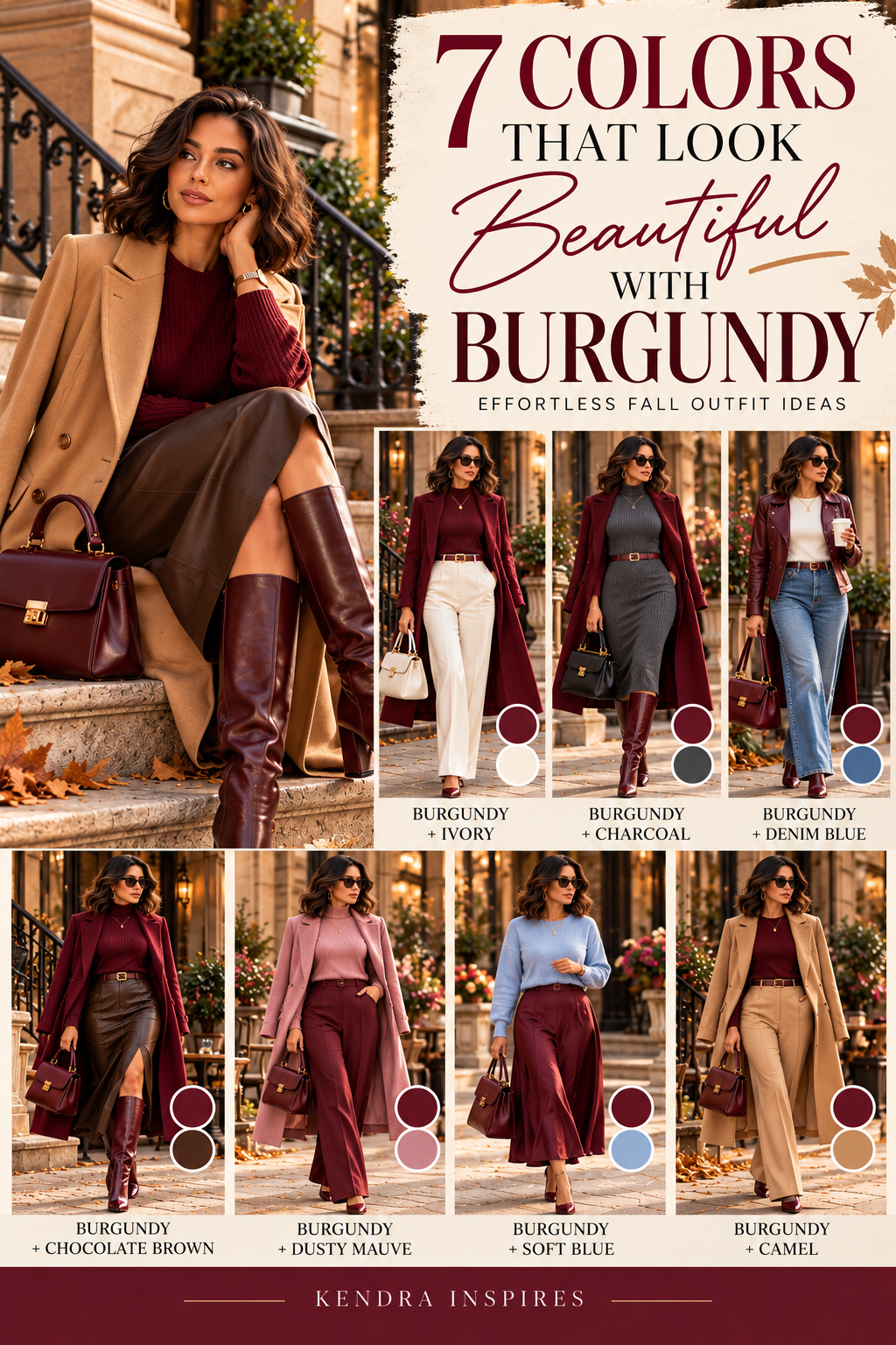 Seven burgundy outfit ideas on one pin: burgundy with ivory, charcoal, denim blue, chocolate brown, dusty mauve, soft blue and camel