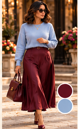 Kendra in a soft blue sweater with a burgundy midi skirt and burgundy handbag