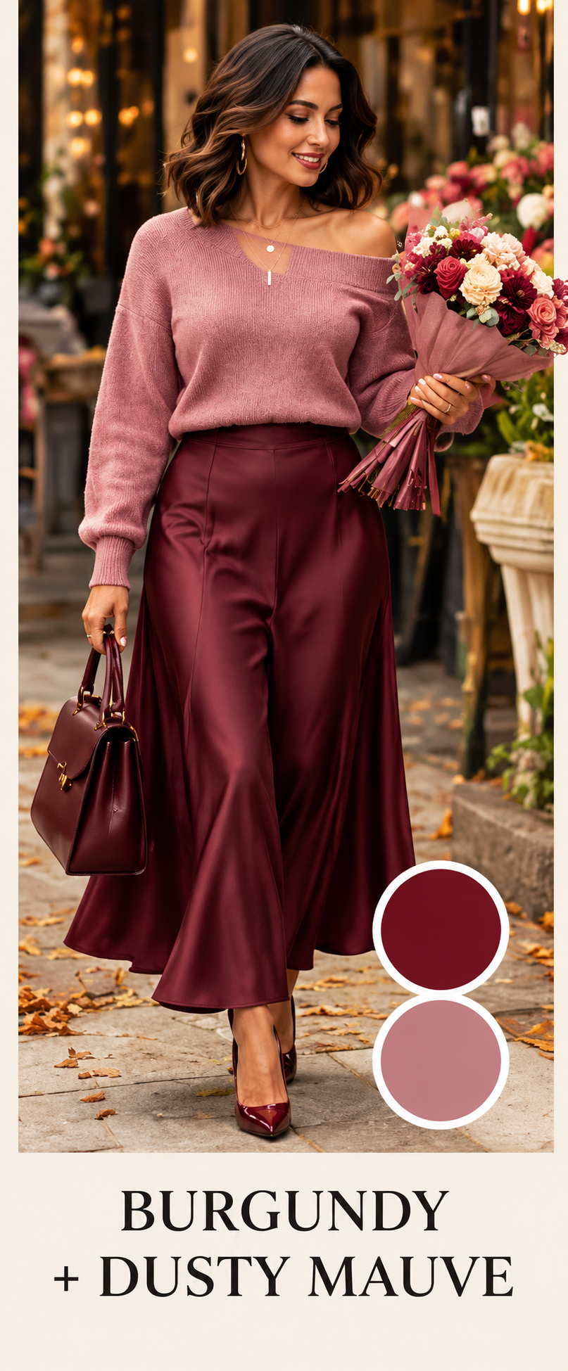Kendra walking with a bouquet of roses in a dusty mauve off-shoulder sweater and burgundy satin wide-leg trousers with burgundy heels