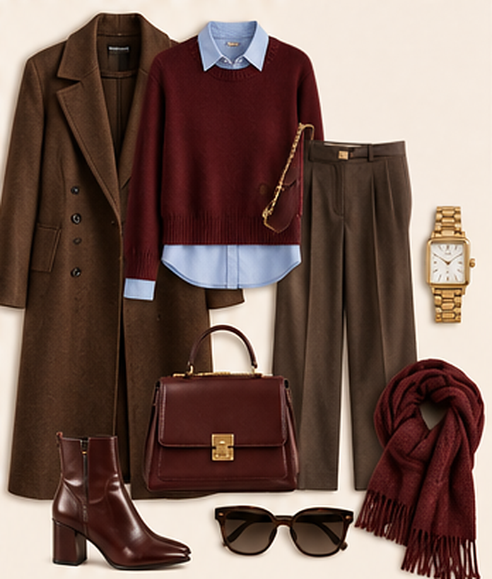 Burgundy handbag, brown loafers, cream scarf and gold earrings