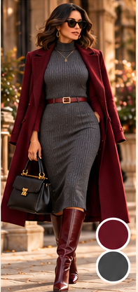 Kendra in a charcoal knit dress under a long burgundy coat with burgundy boots and a black handbag