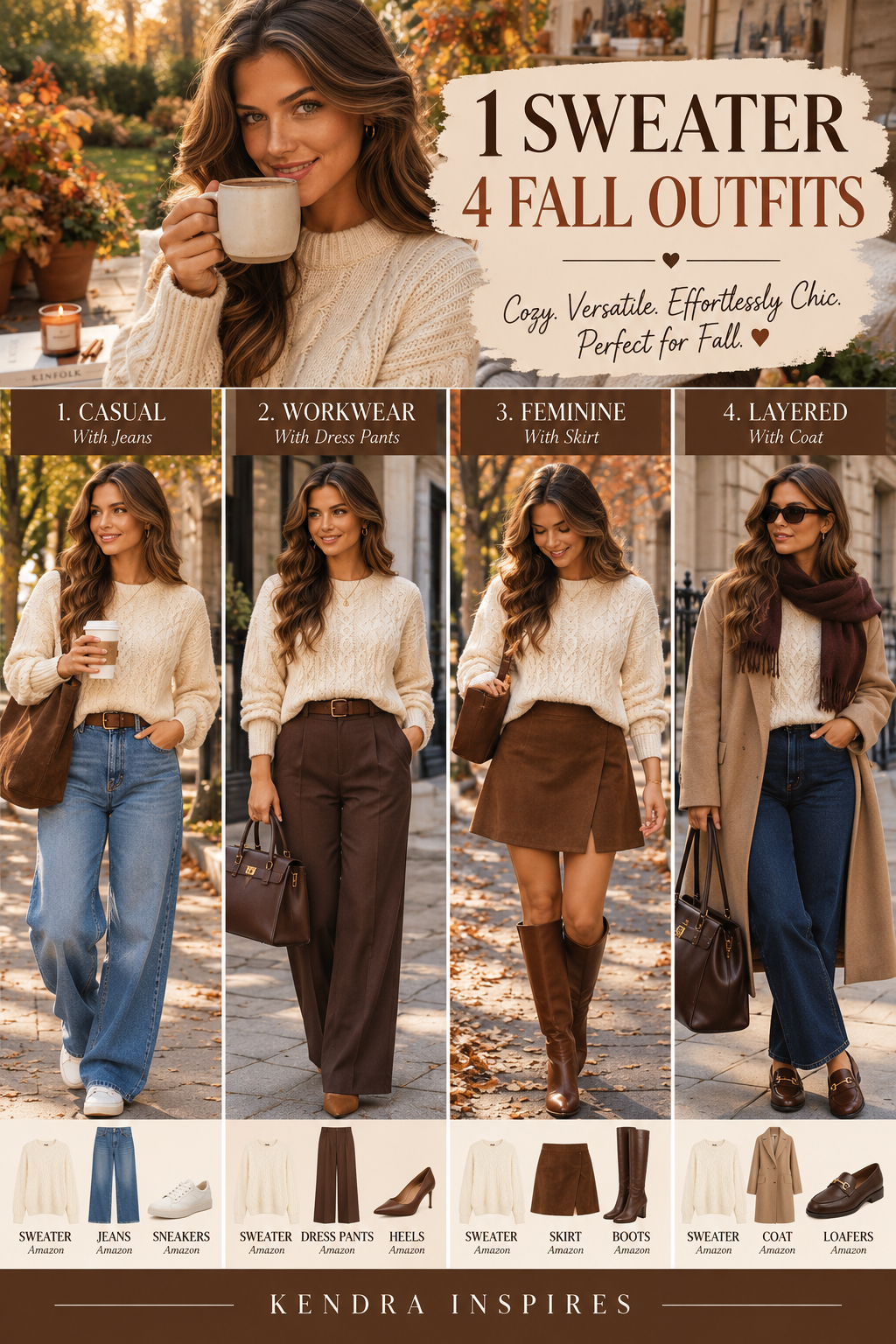 1 Cream Sweater, 4 Fall Outfits autumn outfit lookbook